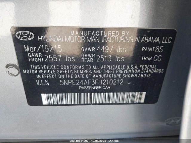 Photo 8 VIN: 5NPE24AF3FH210212 - HYUNDAI SONATA 