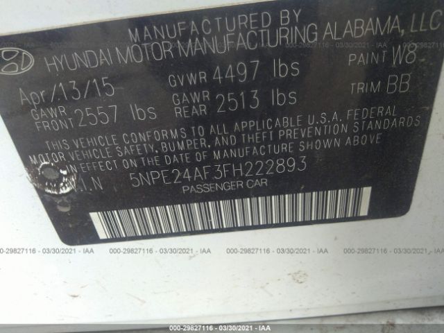 Photo 8 VIN: 5NPE24AF3FH222893 - HYUNDAI SONATA 