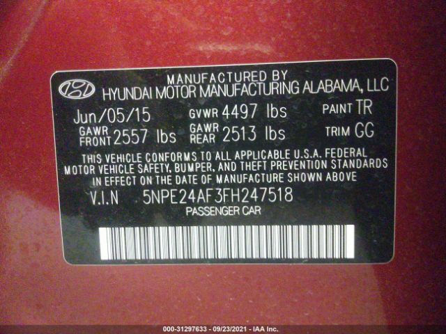 Photo 8 VIN: 5NPE24AF3FH247518 - HYUNDAI SONATA 