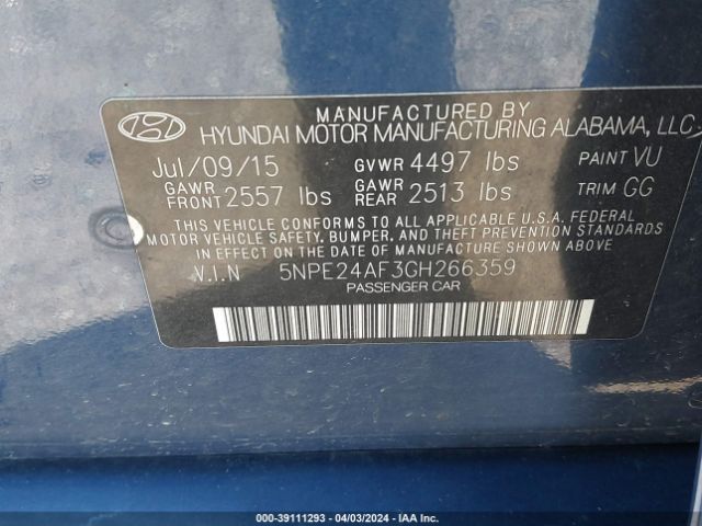 Photo 8 VIN: 5NPE24AF3GH266359 - HYUNDAI SONATA 