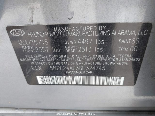 Photo 8 VIN: 5NPE24AF3GH324745 - HYUNDAI SONATA 