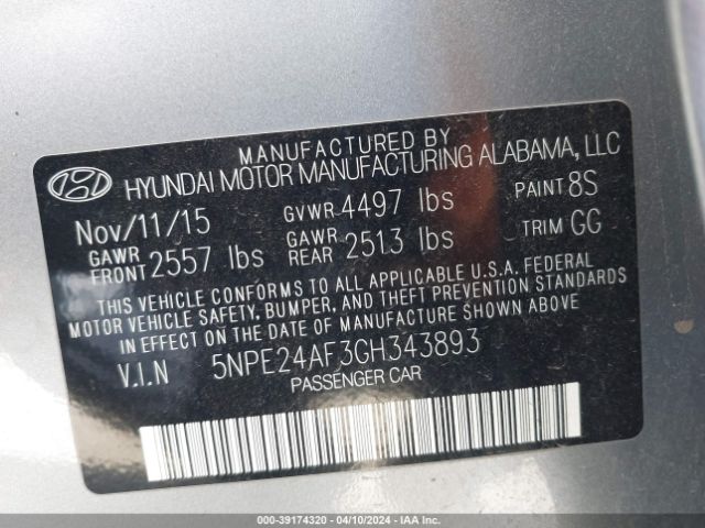 Photo 8 VIN: 5NPE24AF3GH343893 - HYUNDAI SONATA 