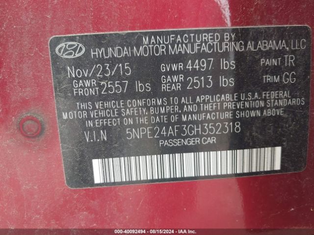 Photo 8 VIN: 5NPE24AF3GH352318 - HYUNDAI SONATA 