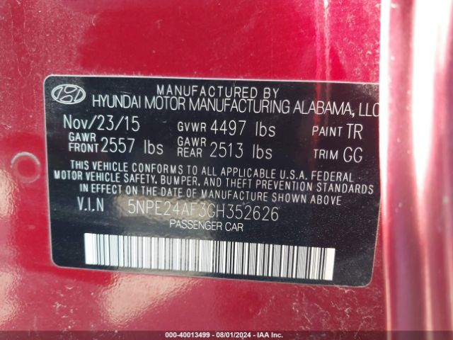 Photo 8 VIN: 5NPE24AF3GH352626 - HYUNDAI SONATA 