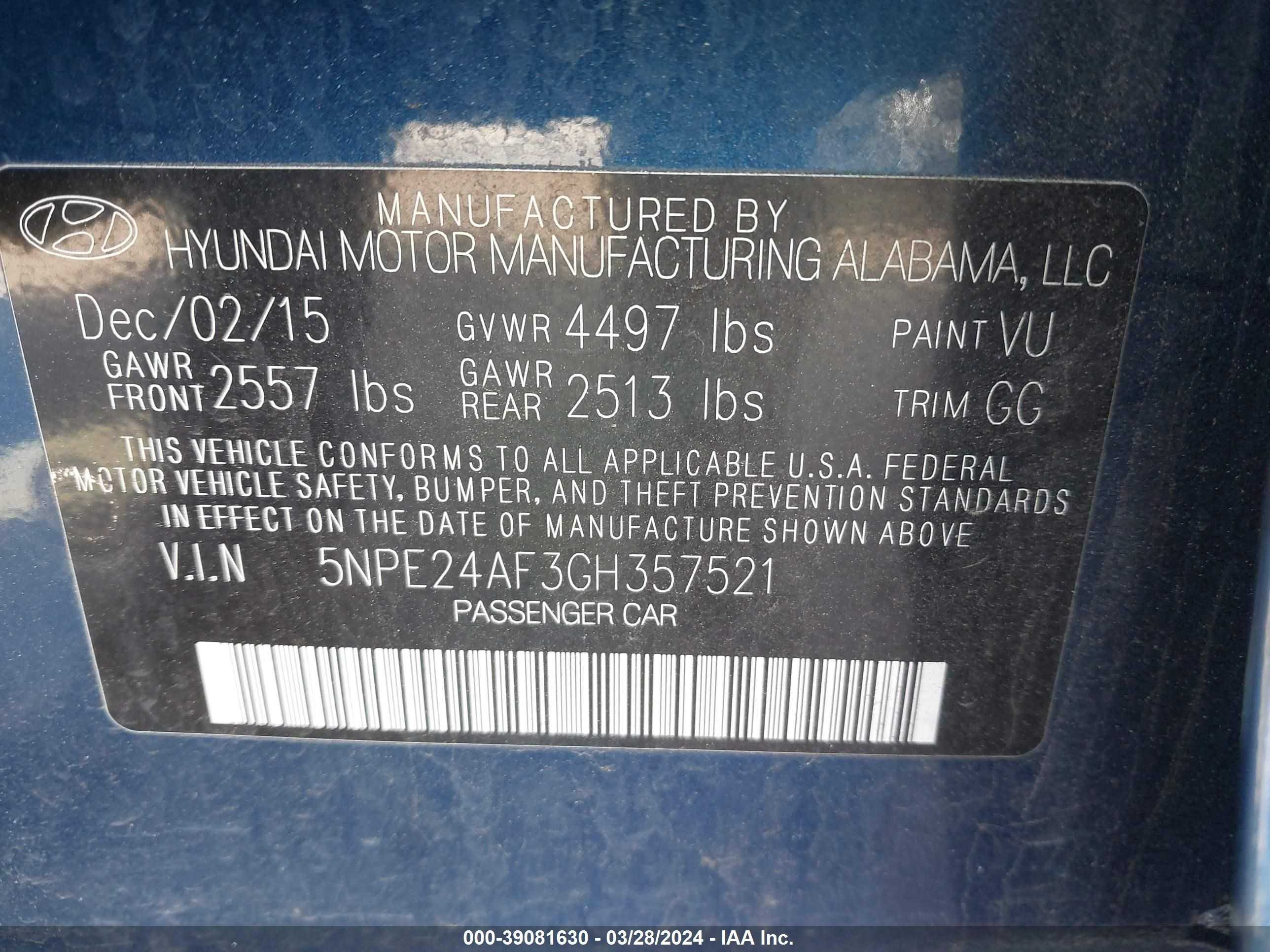 Photo 8 VIN: 5NPE24AF3GH357521 - HYUNDAI SONATA 