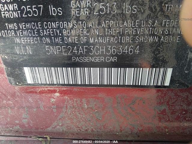 Photo 8 VIN: 5NPE24AF3GH363464 - HYUNDAI SONATA 