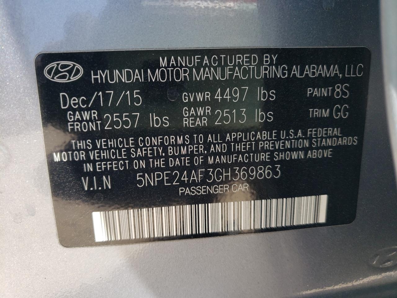 Photo 11 VIN: 5NPE24AF3GH369863 - HYUNDAI SONATA 