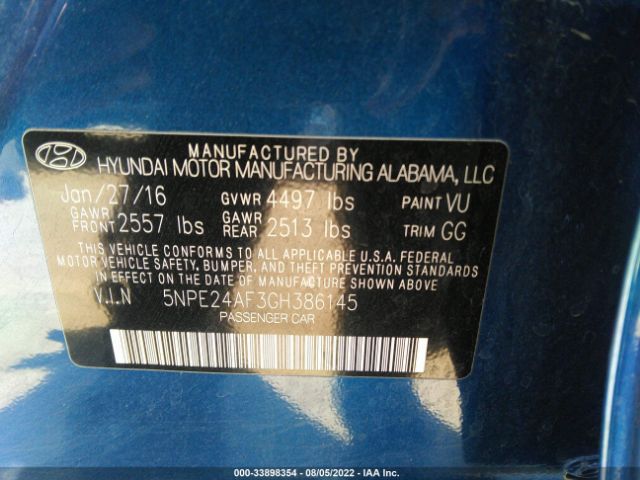 Photo 8 VIN: 5NPE24AF3GH386145 - HYUNDAI SONATA 