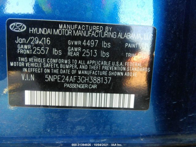 Photo 8 VIN: 5NPE24AF3GH388137 - HYUNDAI SONATA 