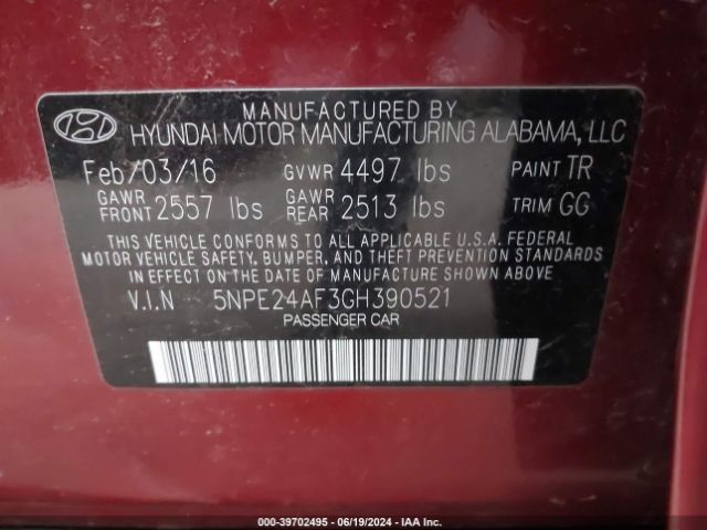 Photo 8 VIN: 5NPE24AF3GH390521 - HYUNDAI SONATA 