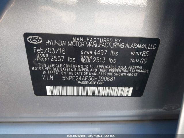 Photo 8 VIN: 5NPE24AF3GH390681 - HYUNDAI SONATA 