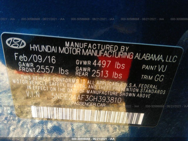 Photo 8 VIN: 5NPE24AF3GH393810 - HYUNDAI SONATA 