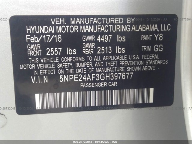 Photo 8 VIN: 5NPE24AF3GH397677 - HYUNDAI SONATA 