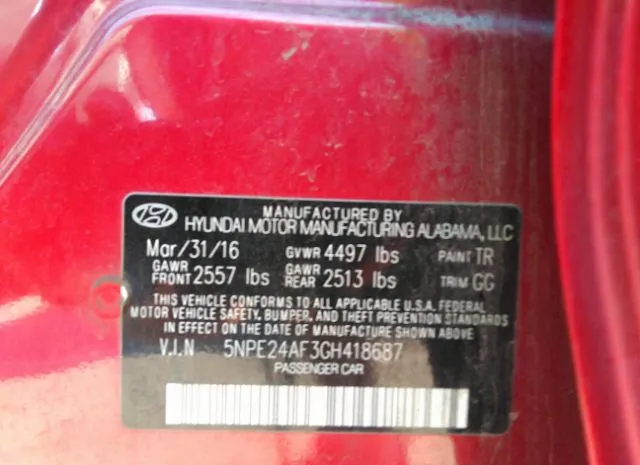 Photo 8 VIN: 5NPE24AF3GH418687 - HYUNDAI SONATA 