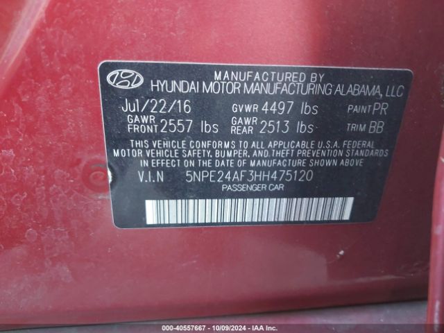 Photo 8 VIN: 5NPE24AF3HH475120 - HYUNDAI SONATA 