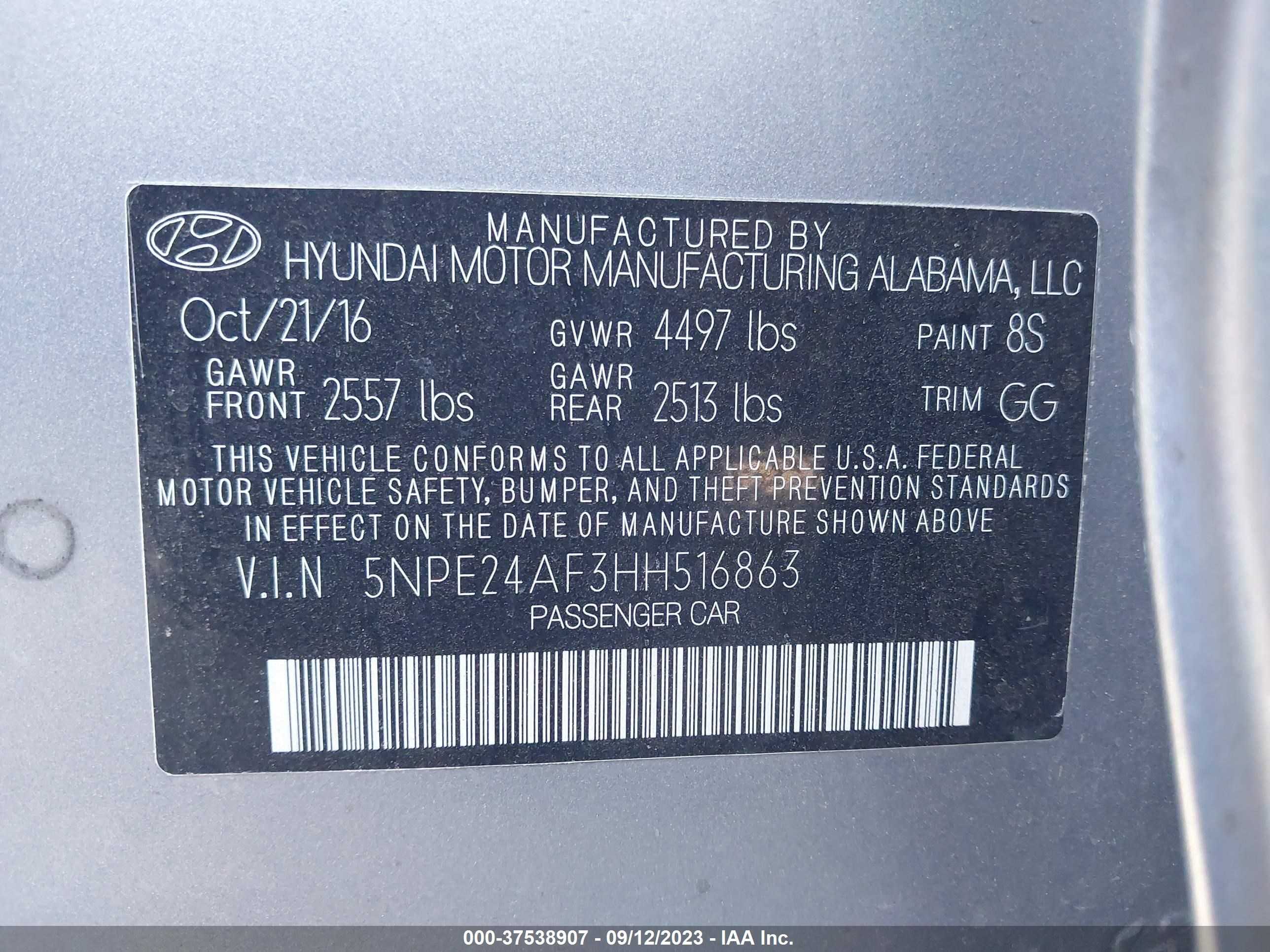 Photo 8 VIN: 5NPE24AF3HH516863 - HYUNDAI SONATA 