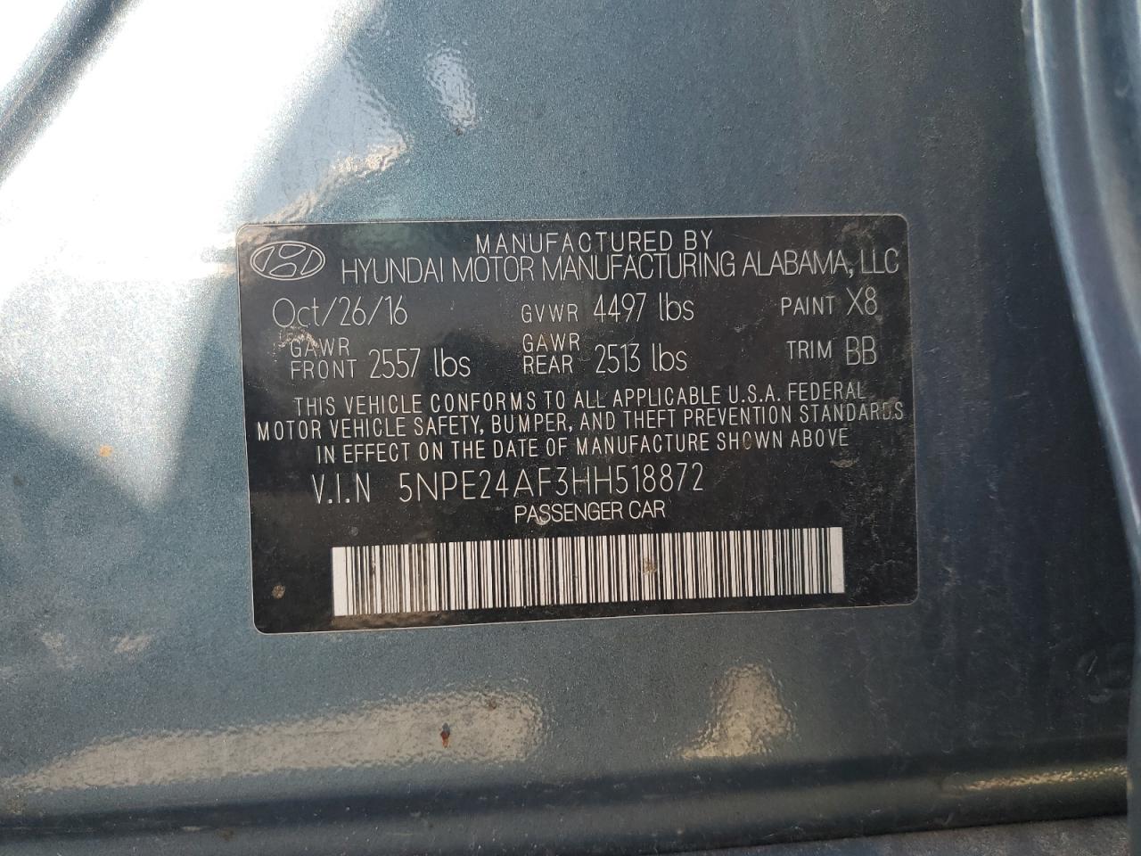 Photo 11 VIN: 5NPE24AF3HH518872 - HYUNDAI SONATA 