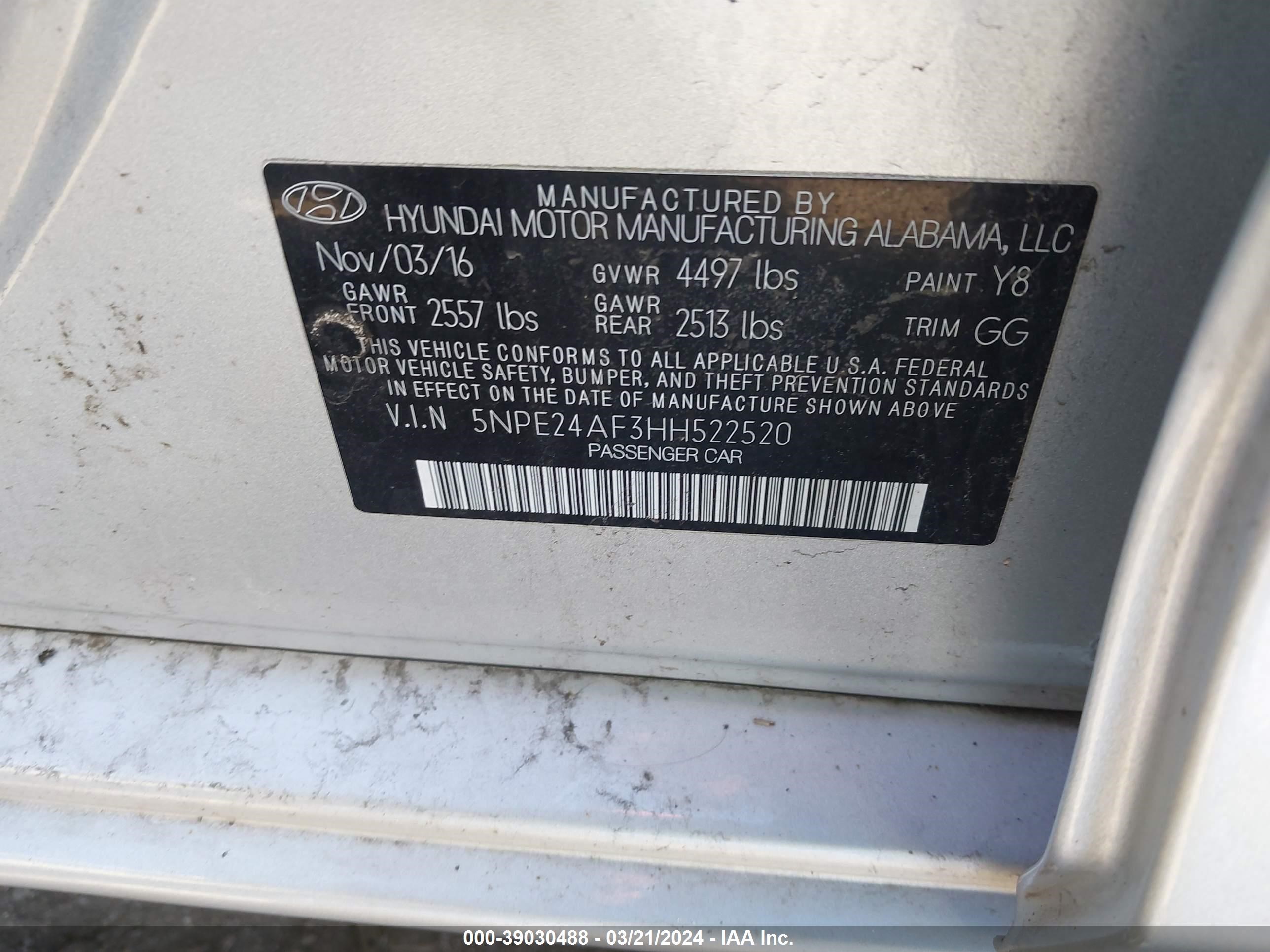 Photo 8 VIN: 5NPE24AF3HH522520 - HYUNDAI SONATA 