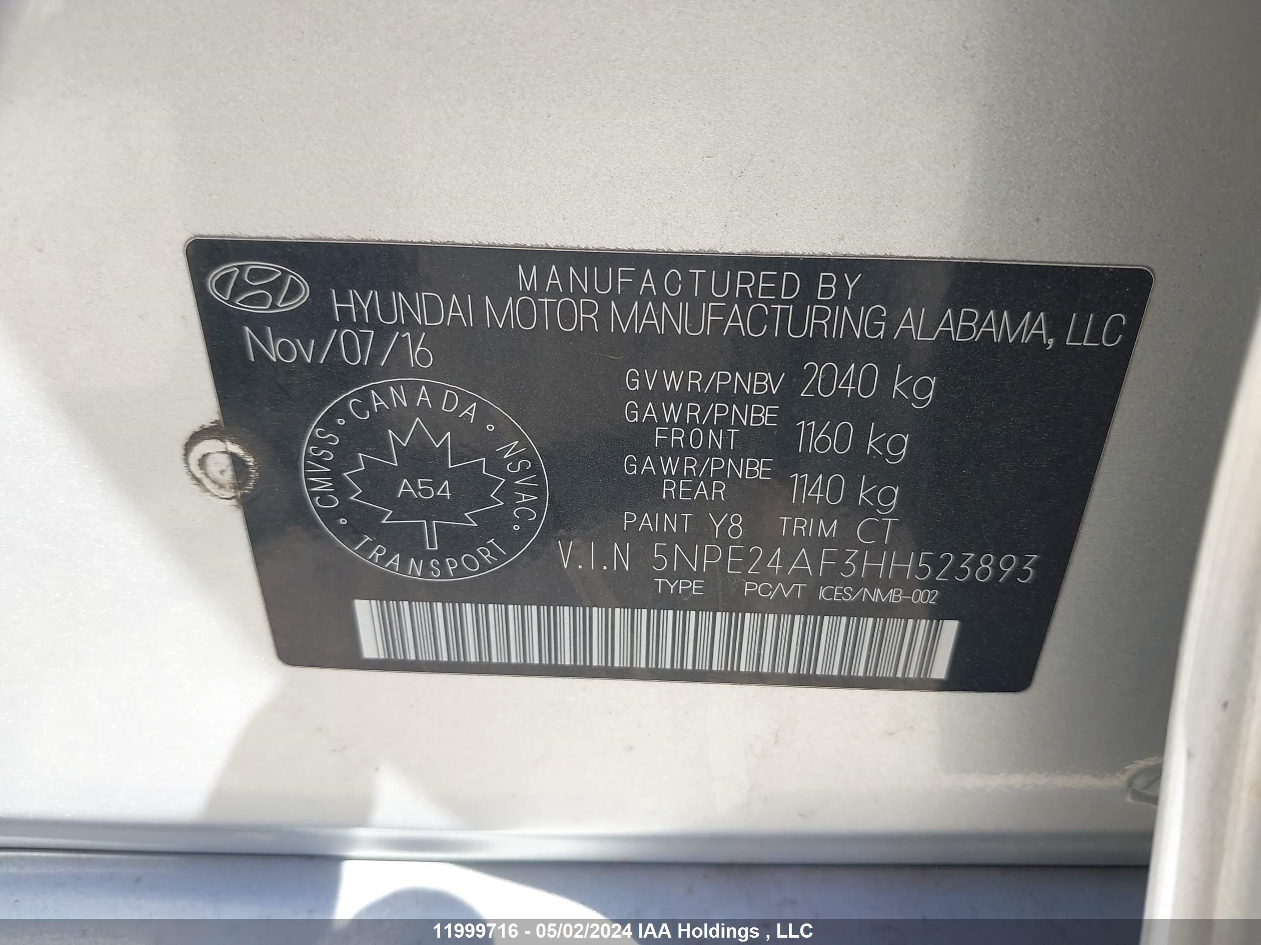 Photo 8 VIN: 5NPE24AF3HH523893 - HYUNDAI SONATA 