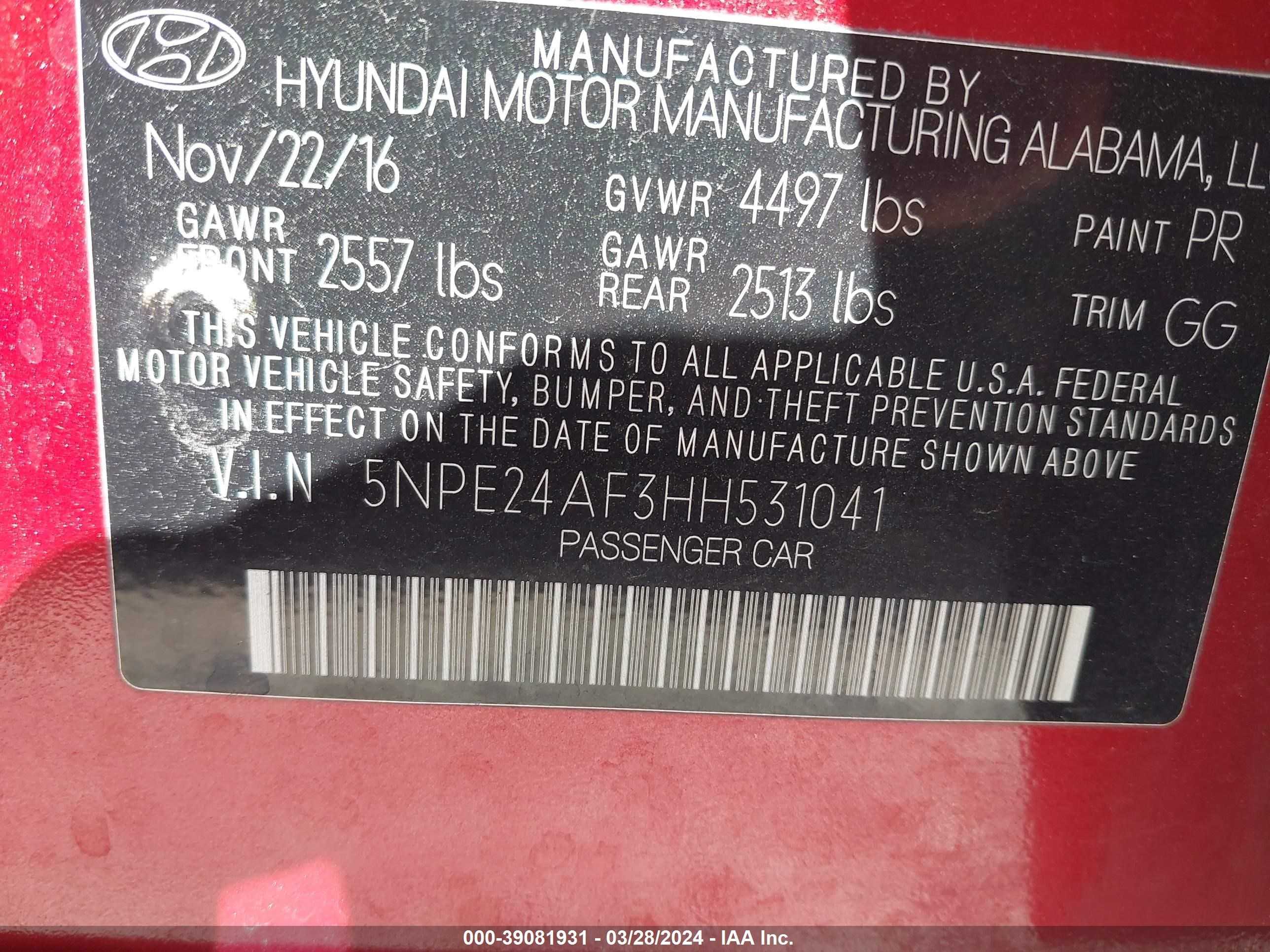 Photo 8 VIN: 5NPE24AF3HH531041 - HYUNDAI SONATA 