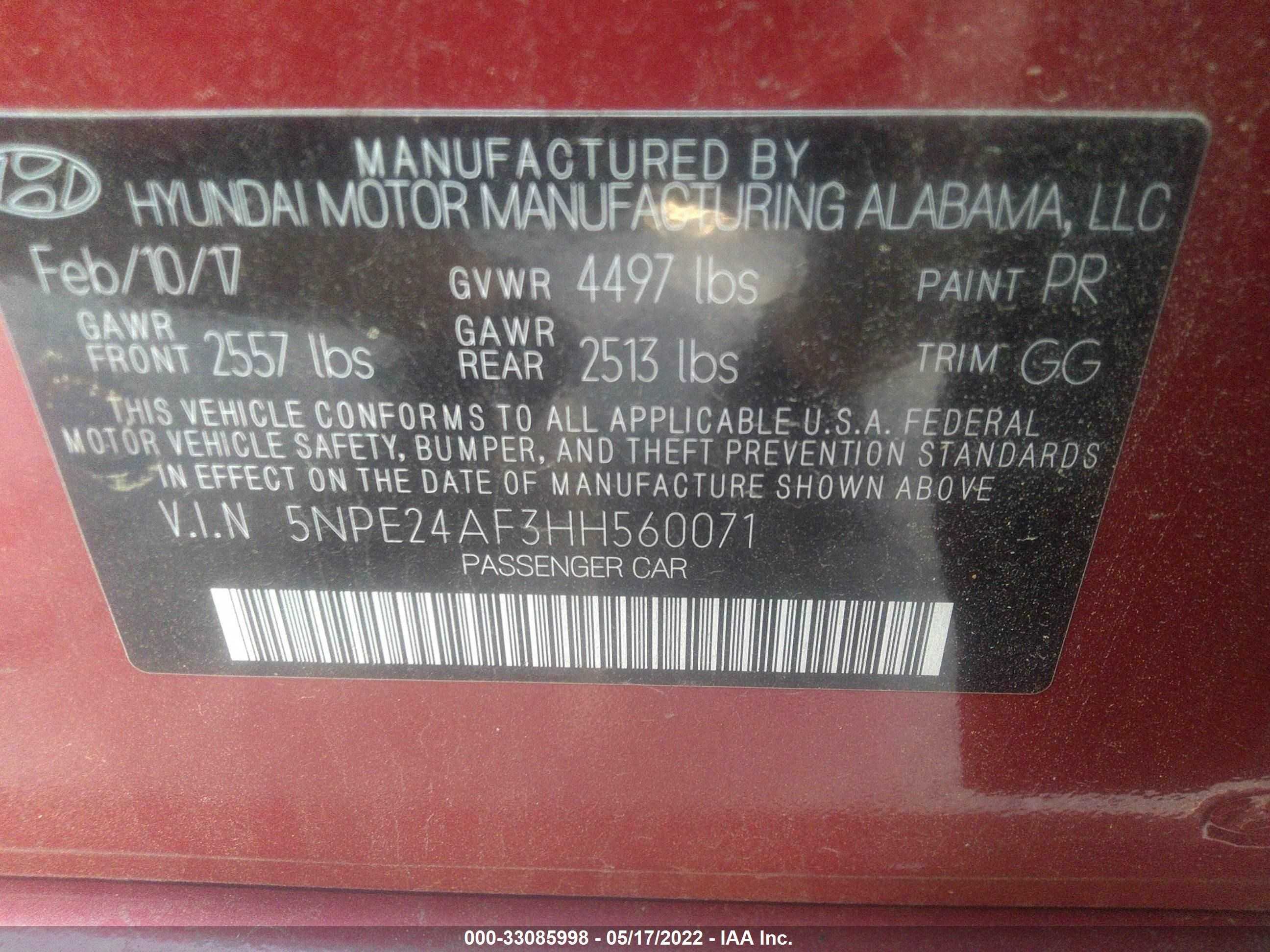 Photo 8 VIN: 5NPE24AF3HH560071 - HYUNDAI SONATA 