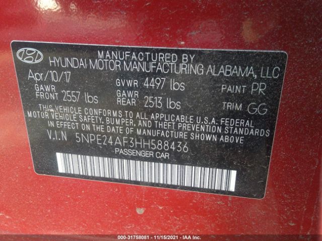 Photo 8 VIN: 5NPE24AF3HH588436 - HYUNDAI SONATA 