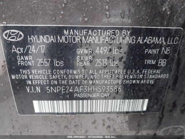 Photo 8 VIN: 5NPE24AF3HH593586 - HYUNDAI SONATA 