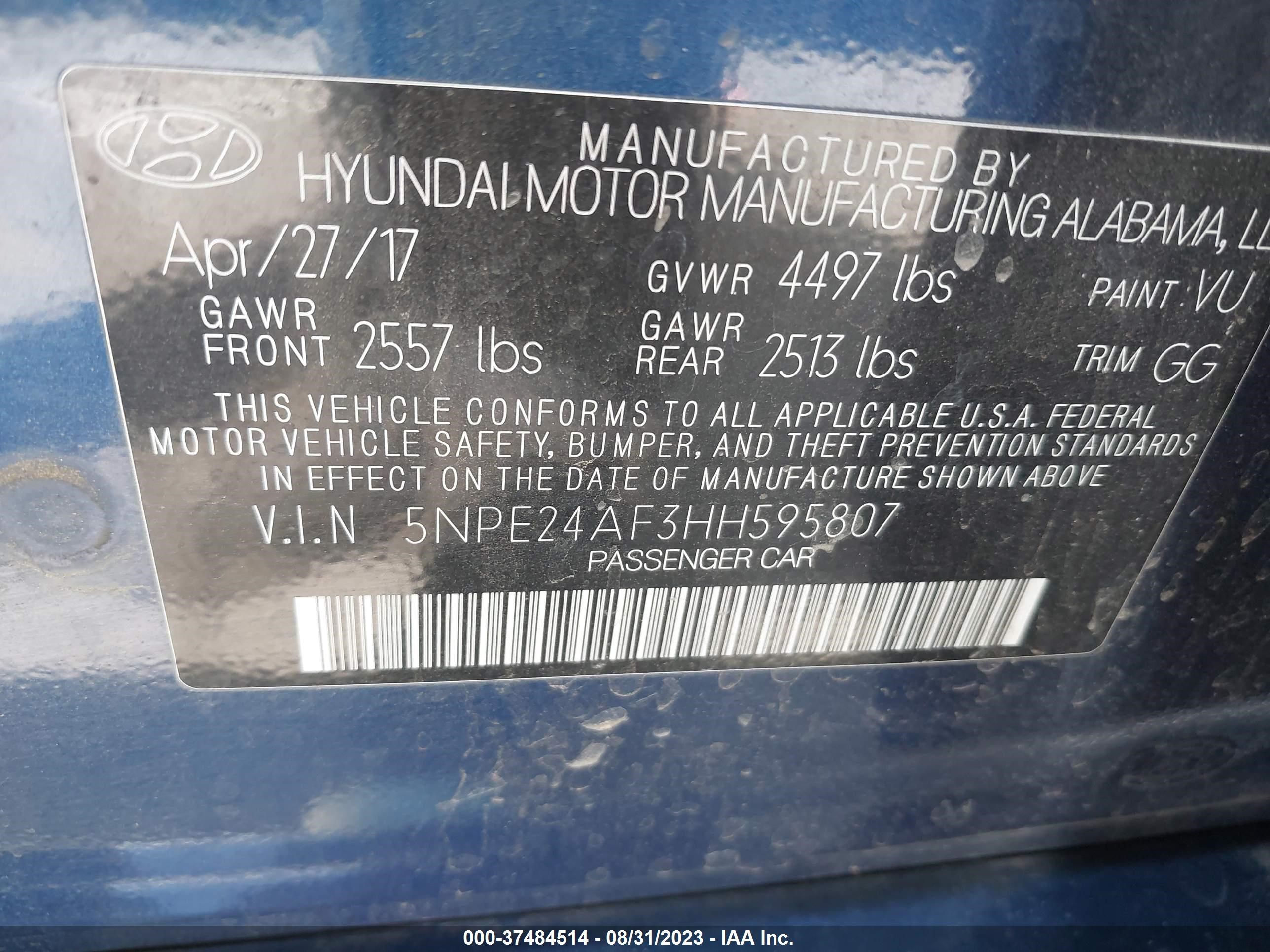 Photo 8 VIN: 5NPE24AF3HH595807 - HYUNDAI SONATA 