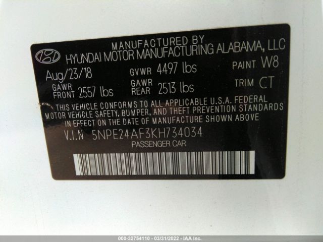 Photo 8 VIN: 5NPE24AF3KH734034 - HYUNDAI SONATA 