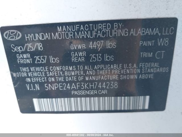 Photo 8 VIN: 5NPE24AF3KH744238 - HYUNDAI SONATA 