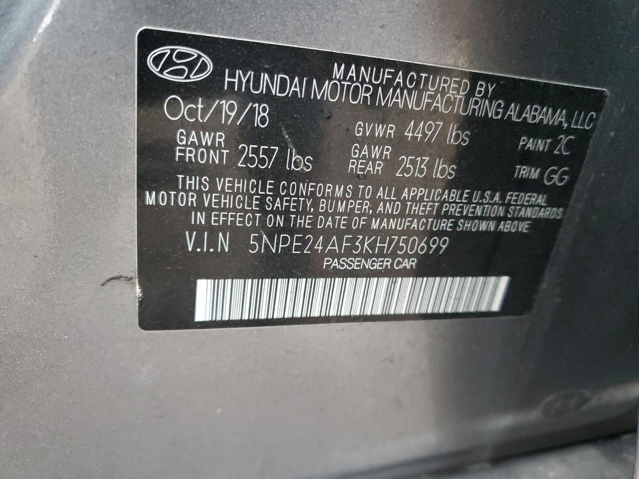 Photo 11 VIN: 5NPE24AF3KH750699 - HYUNDAI SONATA 