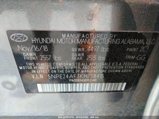 Photo 8 VIN: 5NPE24AF3KH758415 - HYUNDAI SONATA 