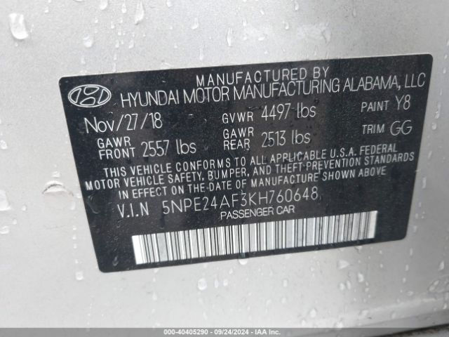 Photo 8 VIN: 5NPE24AF3KH760648 - HYUNDAI SONATA 