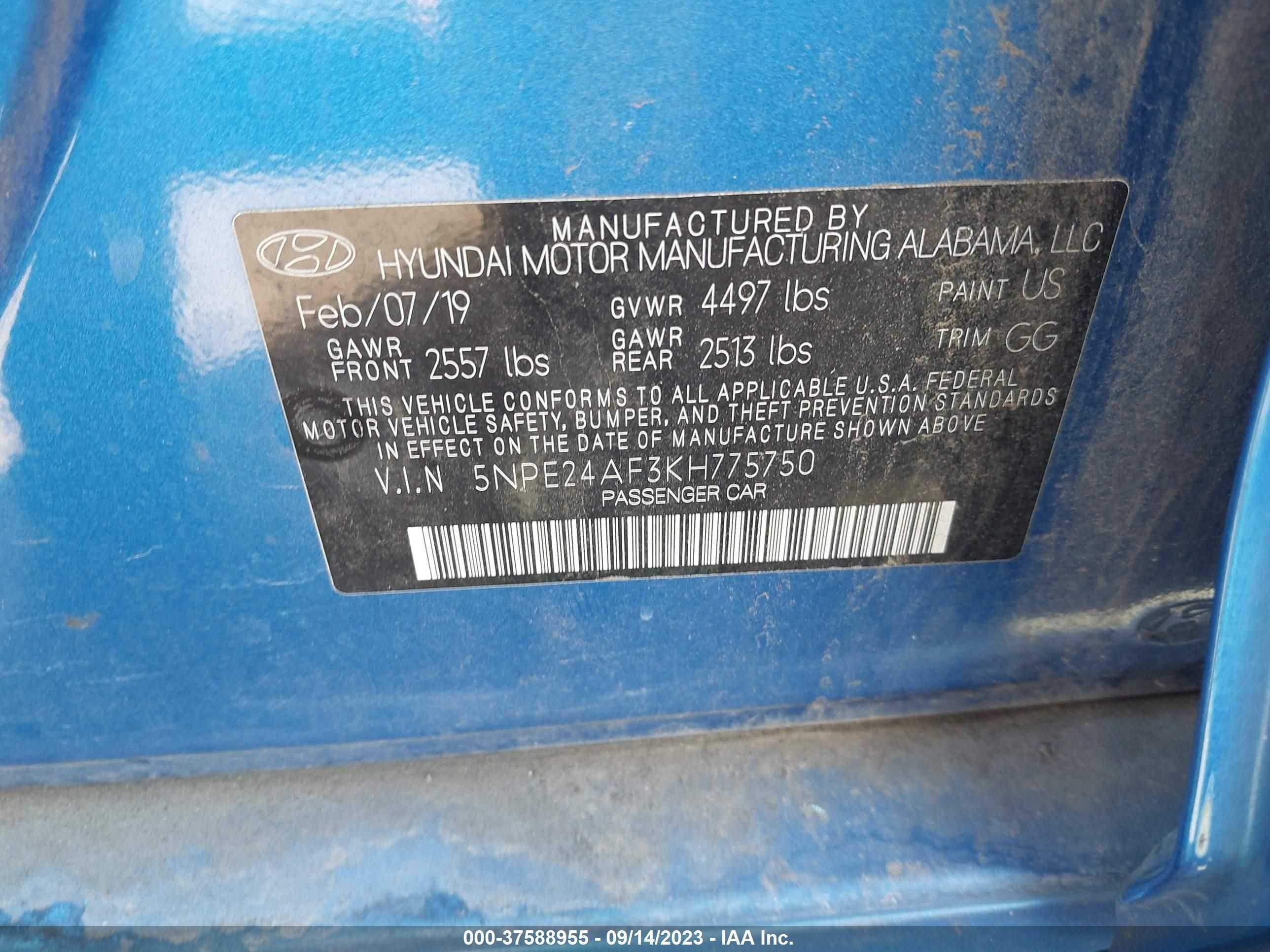 Photo 8 VIN: 5NPE24AF3KH775750 - HYUNDAI SONATA 