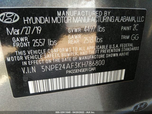 Photo 8 VIN: 5NPE24AF3KH786800 - HYUNDAI SONATA 