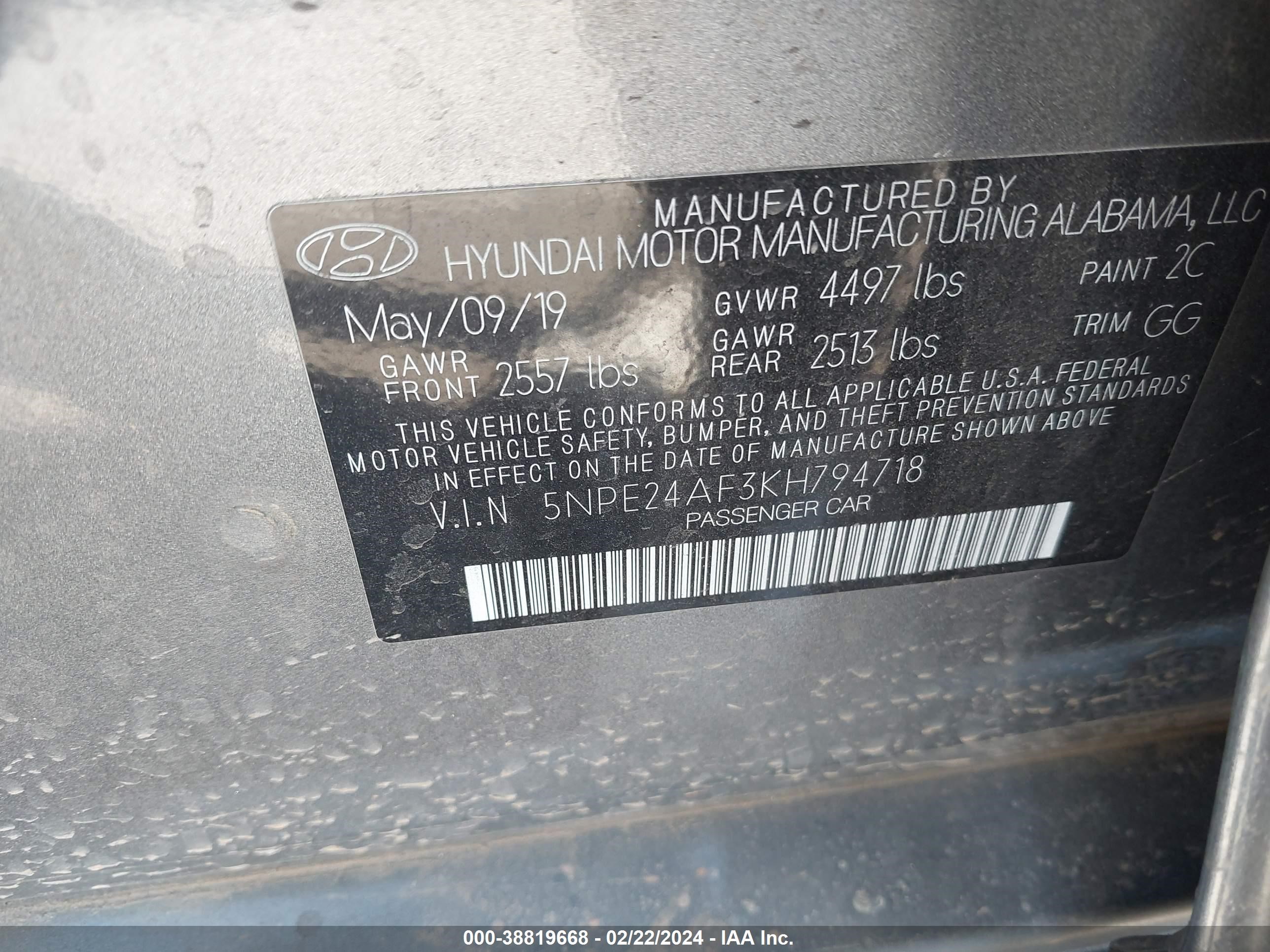 Photo 8 VIN: 5NPE24AF3KH794718 - HYUNDAI SONATA 