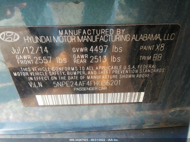 Photo 8 VIN: 5NPE24AF4FH036201 - HYUNDAI SONATA 