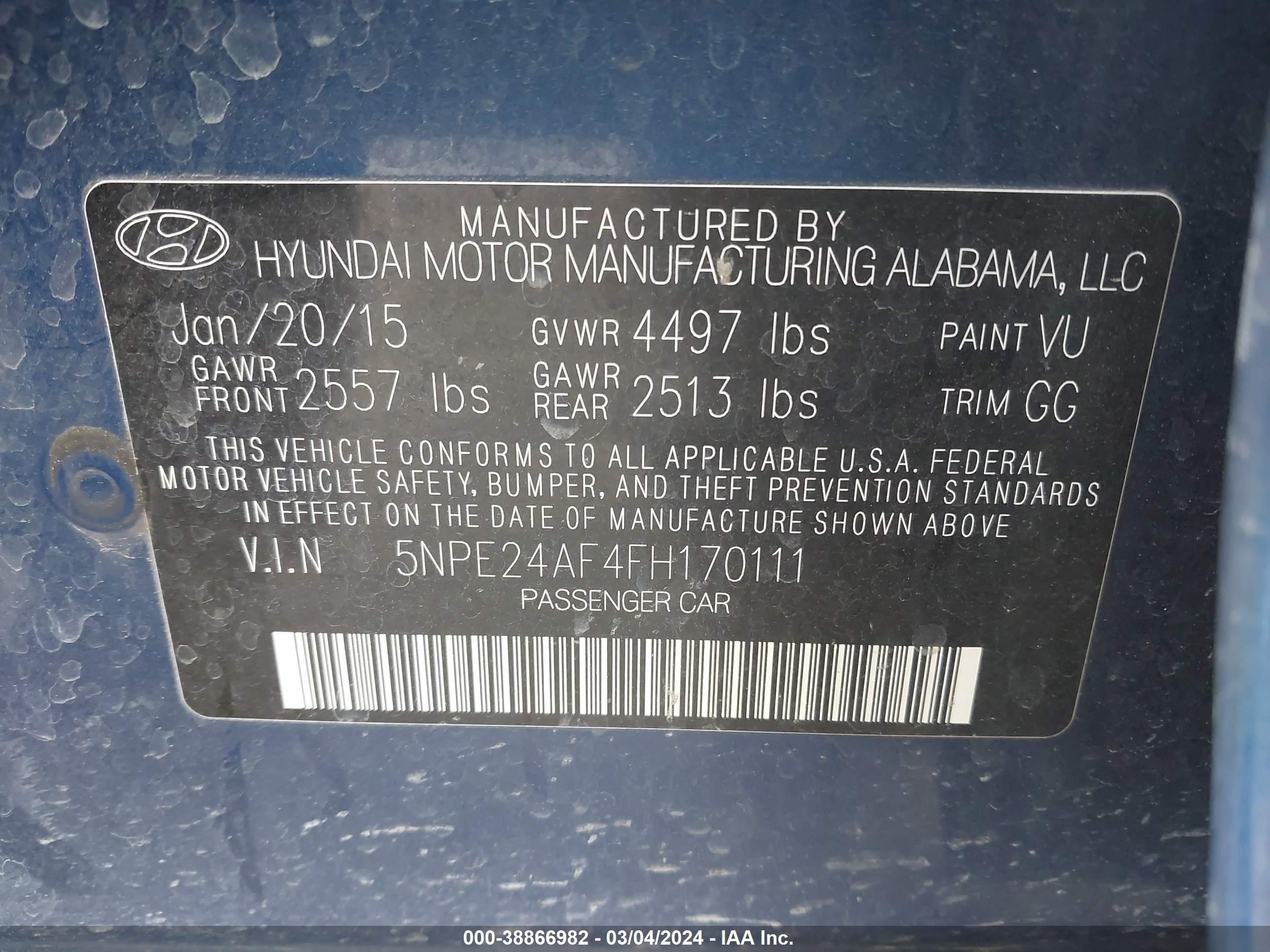 Photo 8 VIN: 5NPE24AF4FH170111 - HYUNDAI SONATA 