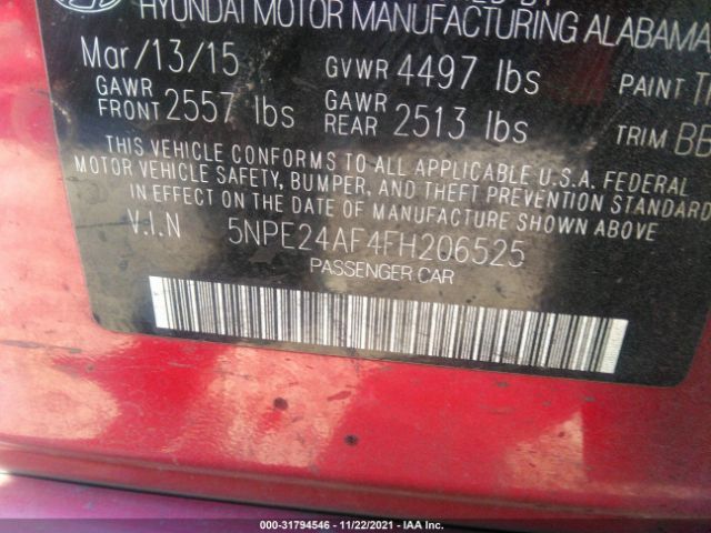 Photo 8 VIN: 5NPE24AF4FH206525 - HYUNDAI SONATA 