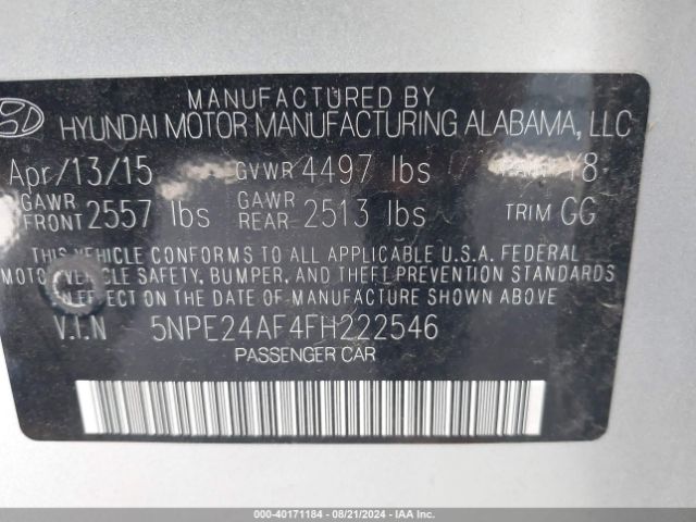 Photo 8 VIN: 5NPE24AF4FH222546 - HYUNDAI SONATA 