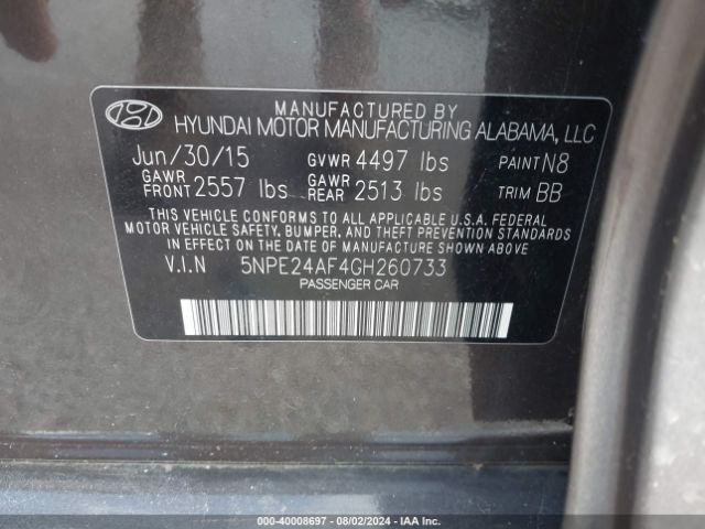 Photo 8 VIN: 5NPE24AF4GH260733 - HYUNDAI SONATA 