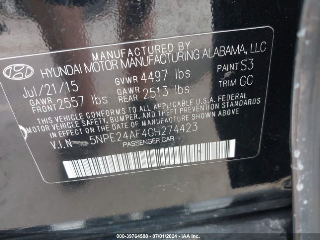 Photo 8 VIN: 5NPE24AF4GH274423 - HYUNDAI SONATA 