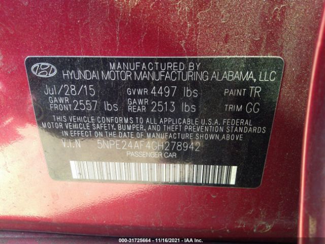 Photo 8 VIN: 5NPE24AF4GH278942 - HYUNDAI SONATA 