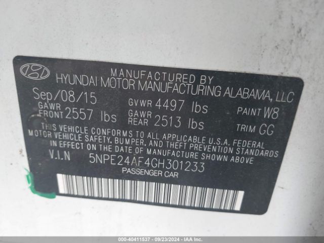 Photo 8 VIN: 5NPE24AF4GH301233 - HYUNDAI SONATA 