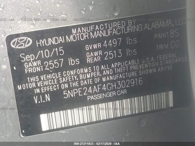 Photo 8 VIN: 5NPE24AF4GH302916 - HYUNDAI SONATA 