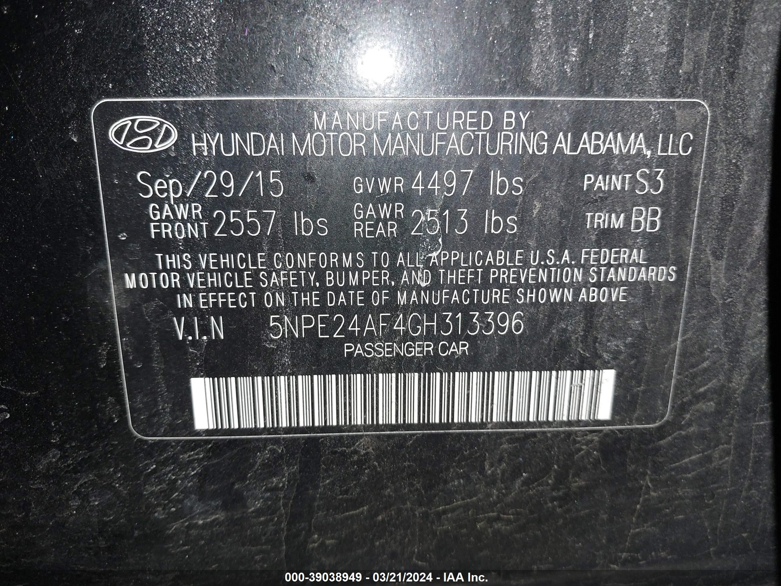 Photo 8 VIN: 5NPE24AF4GH313396 - HYUNDAI SONATA 