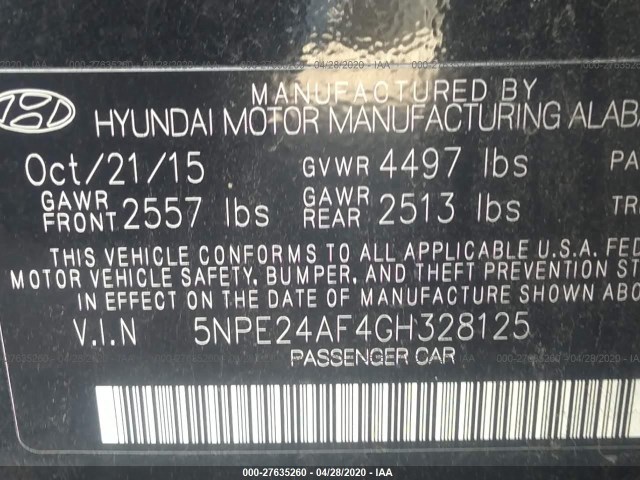 Photo 8 VIN: 5NPE24AF4GH328125 - HYUNDAI SONATA 