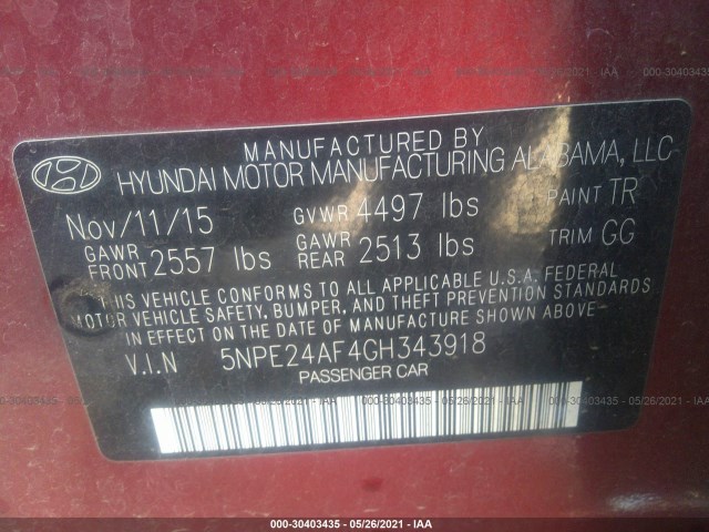 Photo 8 VIN: 5NPE24AF4GH343918 - HYUNDAI SONATA 