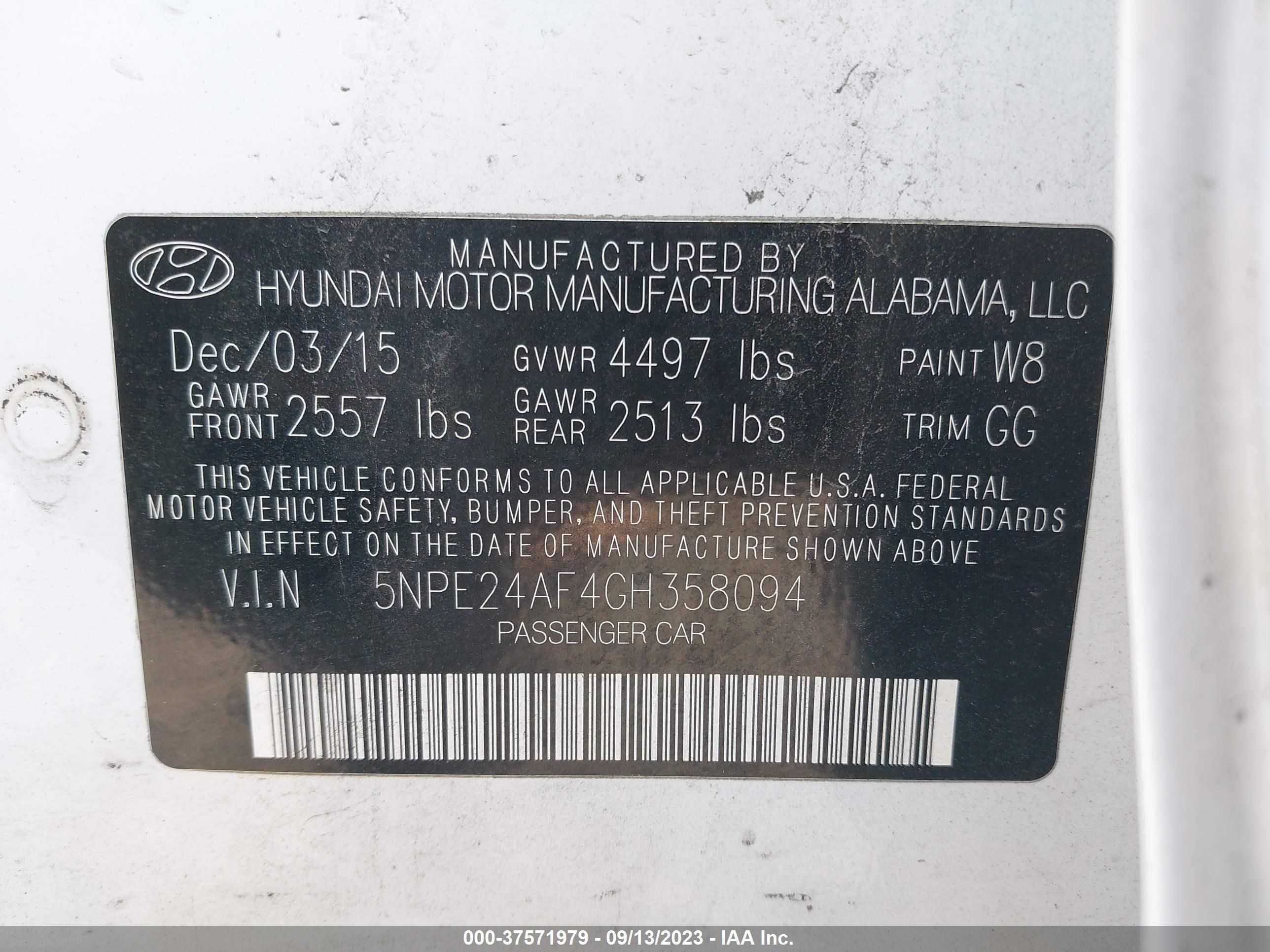 Photo 8 VIN: 5NPE24AF4GH358094 - HYUNDAI SONATA 