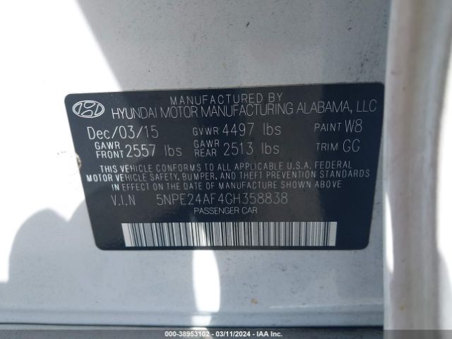 Photo 8 VIN: 5NPE24AF4GH358838 - HYUNDAI SONATA 